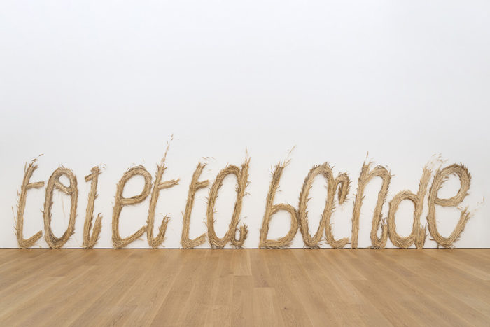 Gina Proenza, Toi et ta bande, 2023. Straw, Plexiglas, nails, 155 ×900 cm. Produced with Emma Bruschi (straw) and Virginie Sistek. Courtesy the artist. Photo: @ Musée cantonal des Beaux-Arts de Lausanne/Etienne Malapert. 