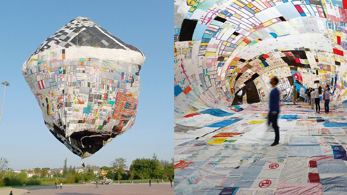 Left: Museo Aero Solar at Territoria 4. Il grande balzo/The Great Leap with Museo Pecci, Prato and province, Italy, 2009. Photo: Janis Elko. Right: View of Museo Aero Solar at Becoming Aerosolar, 21er Haus, Vienna, Austria, 2015. Photo: Studio Tomás Saraceno. Courtesy of Aerocene. Licensed under CC BY-SA 4.0. 