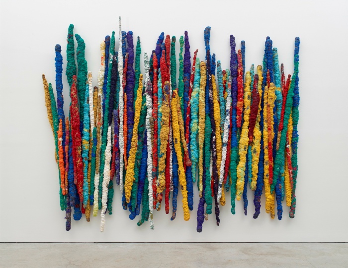 Sheila Hicks, Perpetual Migration II, 2016-2017. Bamboo, acrylic fibers, coins, cotton, wool, linen, wire, slate. 