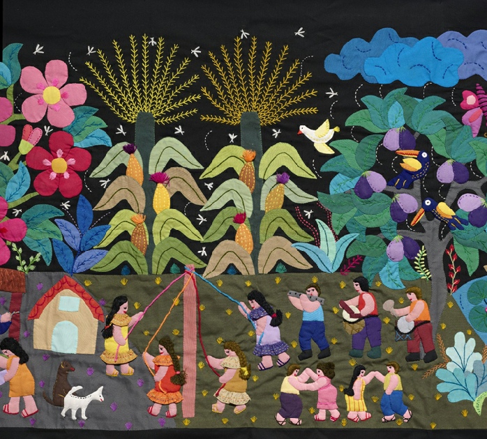 Claudia Opimí Vaca, Bajo el toborochi (Under the toborochi) (detail), 2025. Cotton fabric embroidered using an appliqué technique from the Tajibo community of the Bolivian Amazon. Courtesy of the artist. 