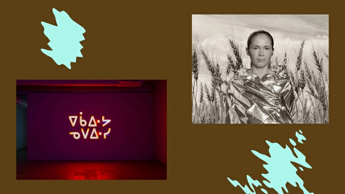 De gauche à droite: Joi T. Arcand, ēkawiya nepēwisi, neon channel sign, 2017. Installation view, she used to want to be a ballerina, College Art Gallery, Saskatoon, 2019. Courtesy of the artist. Photo: Carey Shaw. Althea Thauberger, Der Kleiekotzer, 2025. Courtesy of the artist and Susan Hobbs Gallery. 