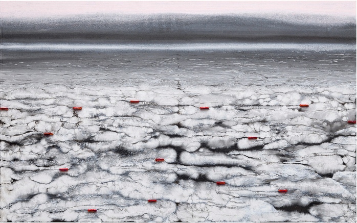 Outi Pieski, Rádjájohtin I/Pacing the Borders I, 2014. Acrylic paint and baize on canvas. Photo: Jussi Tiainen