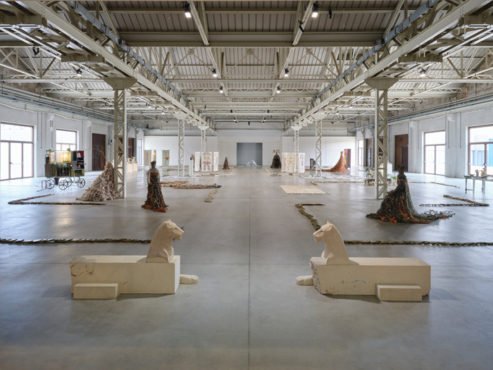View of Chiara Camoni: Call and gather. Sisters. Moths and flame twisters. Lioness bones, snakes and stones., Pirelli HangarBicocca, Milan, 2024. Courtesy of the artist and Pirelli HangarBicocca, Milan. Photo: Agostino Osio.